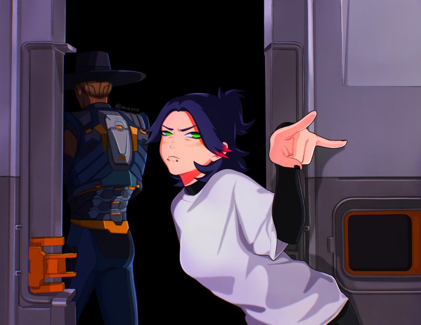 1boy, 1girl, \m/, absurdres, animification, apex_legends, black_headwear, black_nails, blonde_hair, blue_pants, breasts, commentary, dark-skinned_male, dark_skin, english_commentary, face_piercing, frown, green_eyes, hair_behind_ear, highres, leaning_forward, lip_piercing, medium_breasts, mika_(mikvoh), nail_polish, pants, parody, parody_request, piercing, seer_(apex_legends), shirt, v-shaped_eyebrows, white_shirt, wraith_(apex_legends)