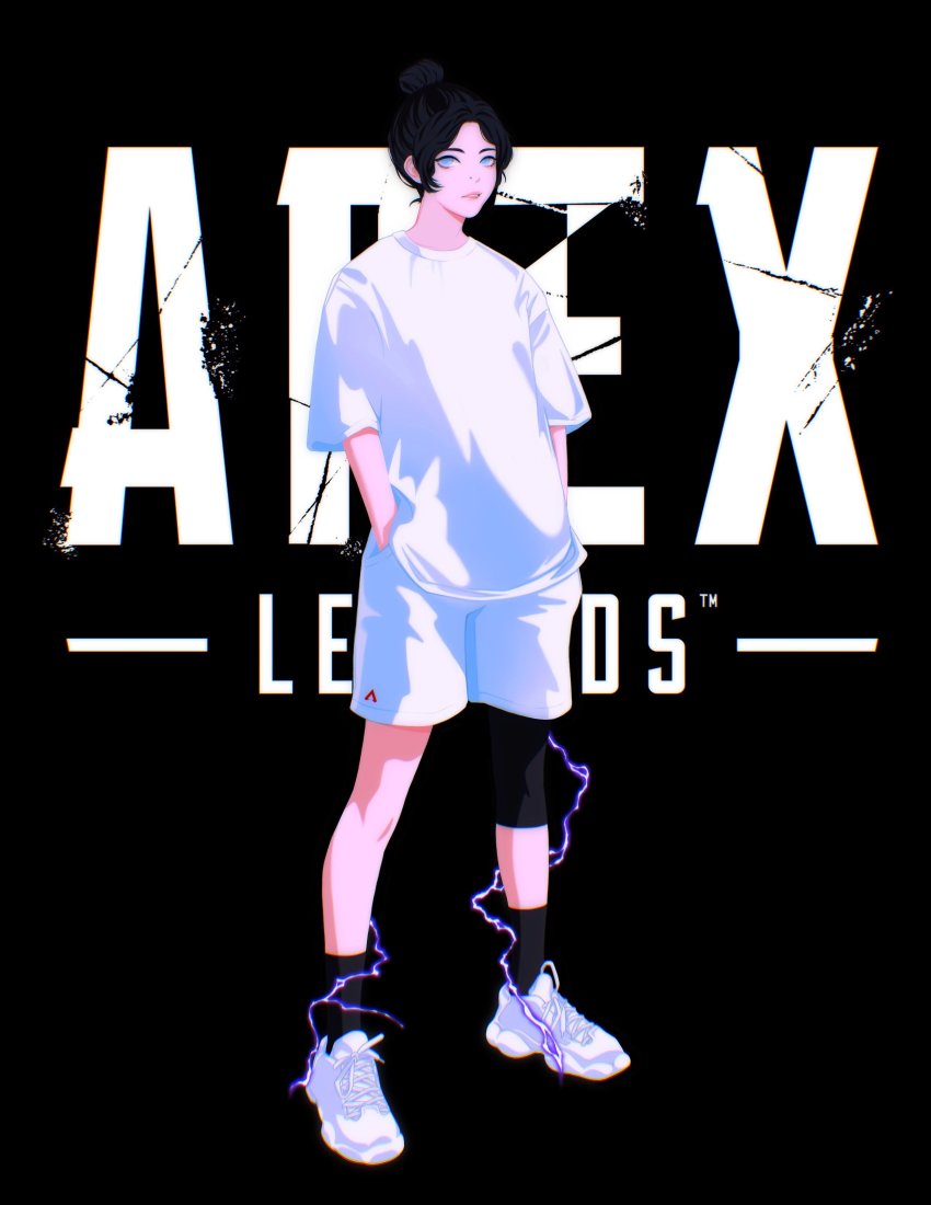 1girl, absurdres, alternate_costume, apex_legends, black_background, black_hair, commentary, electricity