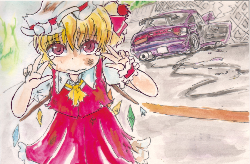 accident, ascot, blonde_hair, bruise, bruise_on_face, car, car_crash, crash, crying, crystal, double_v, flandre_scarlet, frilled_skirt, frills, hat, hat_ribbon, hurt, injury, mob_cap, motor_vehicle, puffy_short_sleeves, puffy_sleeves, red_eyes, red_ribbon, red_vest, ribbon, shirt, short_hair, short_sleeves, skirt, skirt_set, smoke, sodbre_(takaya), tears, touhou, v, vest, white_hat, white_shirt, wings, wrist_cuffs, yellow_ascot