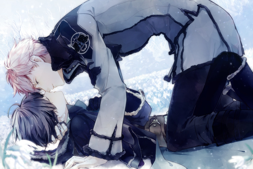 1boy, 1girl, belt, black_footwear, black_hair, black_pants, boots, haitaka_no_psychedelica, hetero, imminent_kiss, jed_(haitaka_no_psychedelica), levi_(haitaka_no_psychedelica), long_sleeves, looking_at_another, lying, multiple_boys, on_back, onoco, pants, short_hair, uniform