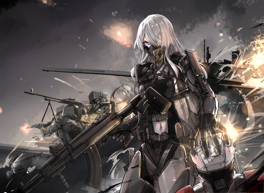 1767670605, 1girl, ak-15, ak-15_(girls'_frontline), ak-15_(mod3)_(girls'_frontline), assault_rifle, black_gloves, cowboy_shot, cyclops_(girls'_frontline), firing, girls'_frontline, gloves, grabbing_another's_hand, gun, hair_over_one_eye, highres, holding, holding_gun, holding_weapon, kalashnikov_rifle, long_hair, looking_at_viewer, mask, military, military_vehicle, mod3_(girls'_frontline), navel, purple_eyes, rifle, scenery, strelet_(girls'_frontline), weapon