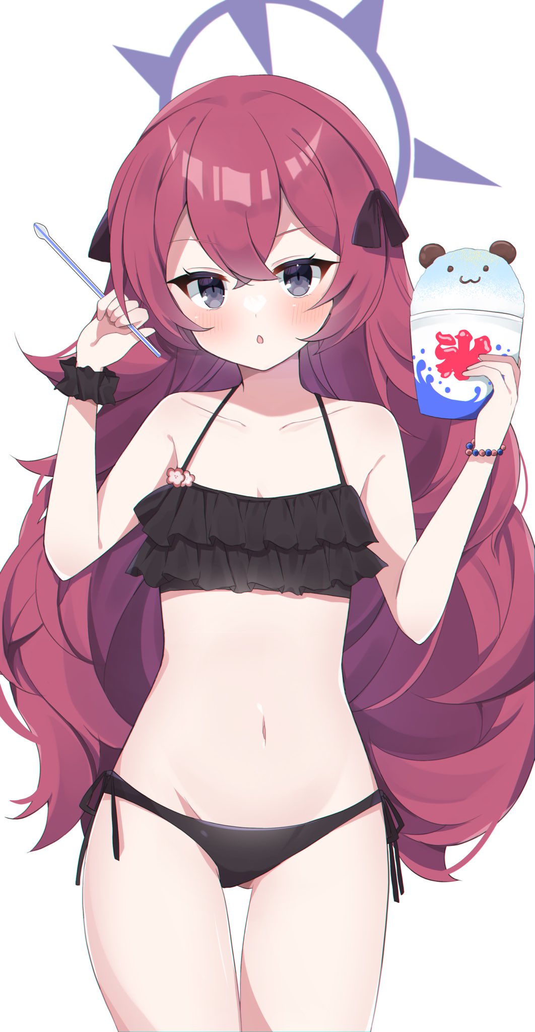 1girl, :o, bare_shoulders, bikini, black_bikini, black_ribbon, blue_archive, blush, bracelet, collarbone, cookie, crossed_bangs, cup, dot_nose, flat_chest, flower_ornament, food, frilled_bikini, frilled_bracelet, frills, grey_eyes, hair_between_eyes, hair_ribbon, halo, highres, holding, holding_cup, iroha_(blue_archive), jewelry, long_hair, looking_at_viewer, murase48, navel, parted_lips, red_hair, ribbon, shaved_ice, simple_background, solo, standing, swimsuit, thighs, white_background