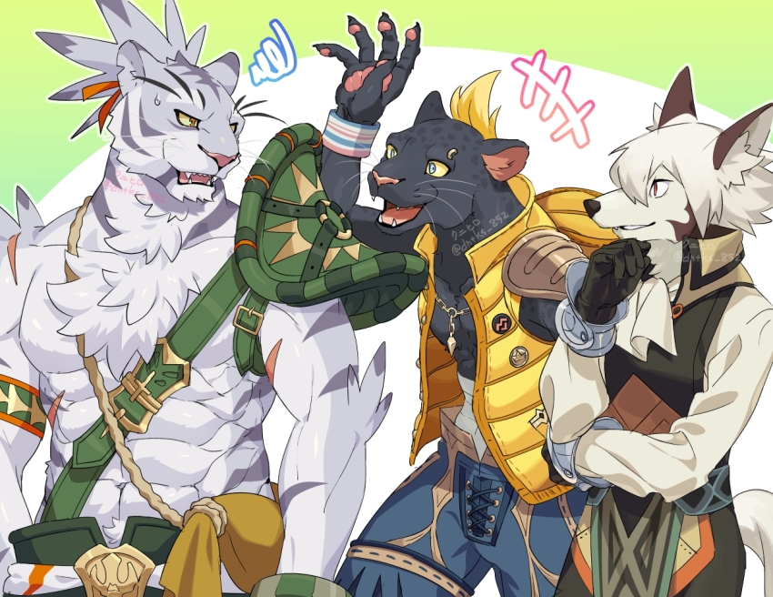 +++, 3boys, abs, albert_(world_flipper), animal_ears, animal_hands, animal_nose, arm_up