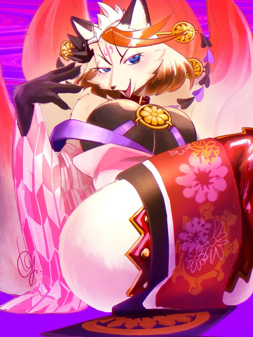 1girl, animal_ears, animal_hands, animal_nose, artist_name, bare_shoulders, black_bra, black_fur, blonde_hair, blue_eyes, body_fur, bra, breasts, brown_hair, character_request, claws, collar, copyright_request, facial_mark, female_focus, fishnets, floral_print, forehead_mark, fox_ears, fox_girl, fox_tail, furry, furry_female, hair_ornament, hair_stick, half-closed_eyes, hand_up, highres, japanese_clothes, kimono, kitsune, kyouta_22, kyuubi, large_breasts, leaning_back, long_sleeves, looking_at_viewer, mature_female, multicolored_hair, multiple_tails, off_shoulder, pink_kimono, purple_background, red_hair, red_thighhighs, shiny_clothes, short_hair, signature, sitting, snout, solo, swept_bangs, tail, thick_thighs, thighhighs, thighs, underwear, white_fur, wide_sleeves, yellow_fur