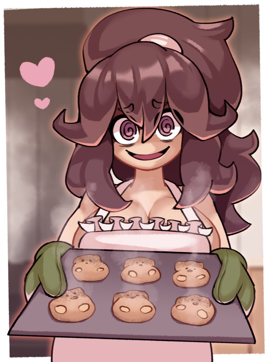 1girl, :d, @_@, alternate_breast_size_(larger), alternate_costume, alternate_hairstyle, apron, baking_sheet