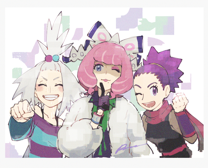 3girls, blush, closed_eyes, collared_shirt, commentary_request, dress, dynamax_band, eyeshadow