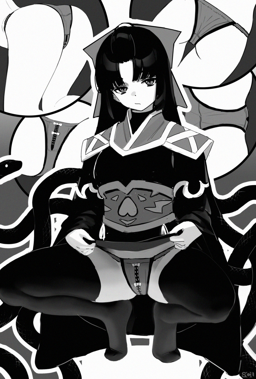 1girl, :/, bow, closed_mouth, greyscale, hair_bow, highres, lifting_own_clothes, long_hair, long_sleeves, looking_at_viewer, mato_seihei_no_slave, monochrome, panties, pantyshot, parted_bangs, shikoku_(mato_seihei_no_slave), slit_pupils, snake, solo, songchuan_li, squatting, thighhighs, toes, underwear