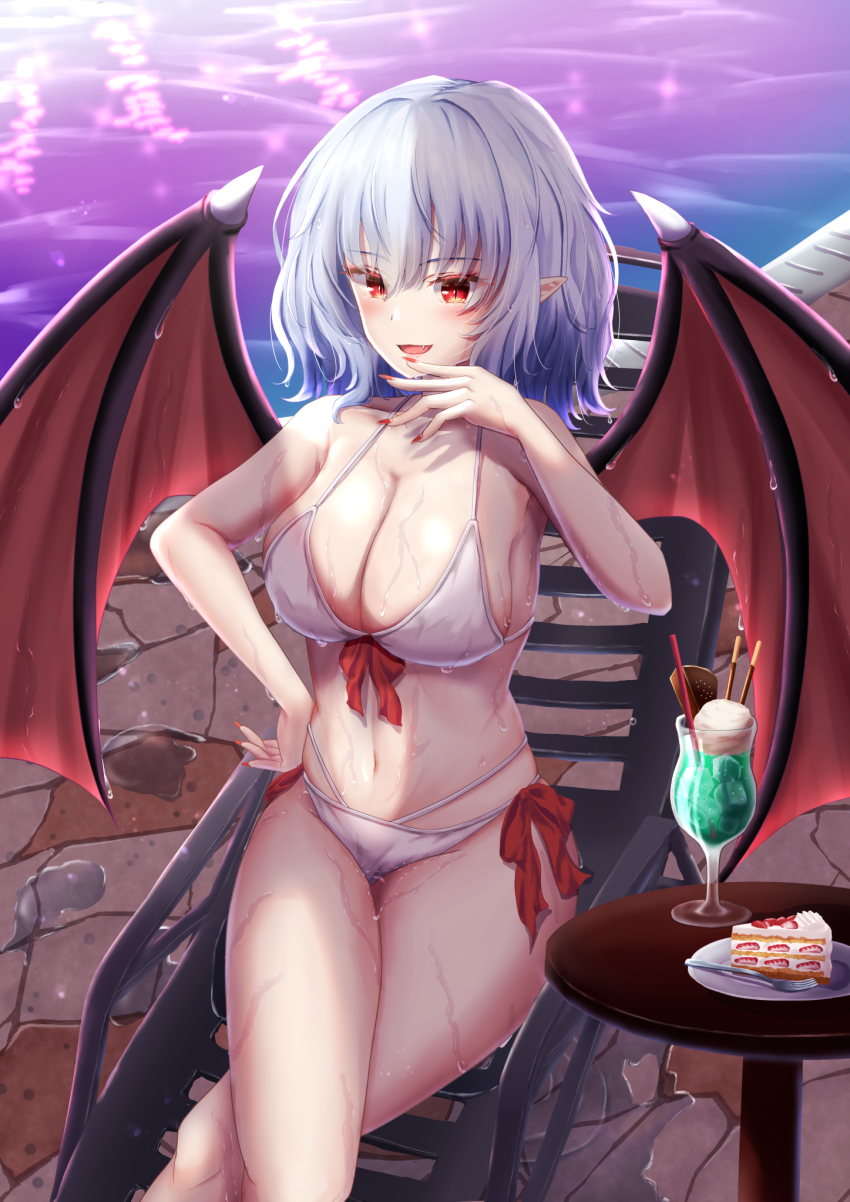 1girl, aged_up, alternate_breast_size_(larger), bat_wings, bikini, blue_hair, bow, bow_bikini