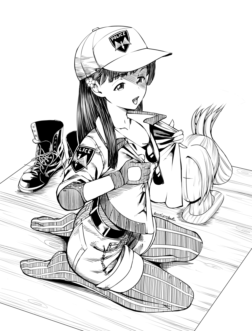 1girl, absurdres, apocalipsejack, cosplay, gloves, greyscale, highres, idolmaster, idolmaster_cinderella_girls, kobayakawa_sae, lucia_morgan, lucia_morgan_(cosplay), monochrome, open_mouth, shoes, solo, street_fighter, street_fighter_v, tachibana_rika, voice_actor_connection, wig