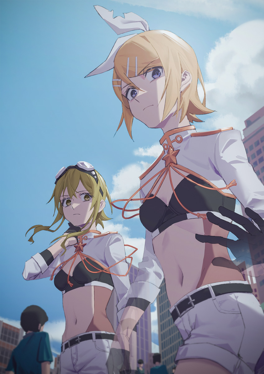 2girls, black_bra, black_gloves, blonde_hair, blue_eyes, blue_sky, bow, bra, breasts, building, cleavage, cloud, crop_top, dutch_angle, from_below, gloves, goggles, goggles_on_head, gold_trim, green_eyes, green_hair, gumi, hair_bow, hair_ornament, hairclip, half_gloves, hand_on_own_neck, highres, invisible_(vocaloid), jacket, kagamine_rin, looking_at_viewer, medium_breasts, midriff, multiple_girls, navel, see-through_clothes, serious, short_hair, short_hair_with_long_locks, shorts, sidelocks, sky, small_breasts, torn_bow, underwear, vocaloid, wavy_hair, white_bow, white_jacket, white_shorts, wounds404