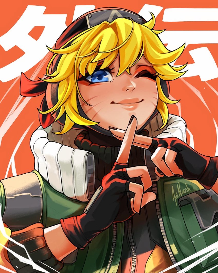 1girl, animification, apex_legends, black_headband, black_jacket, blonde_hair, blue_eyes, fingerless_gloves, gloves, green_vest, headband, highres, jacket, lightning_spirit_wattson, noush, official_alternate_costume, one_eye_closed, orange_background, portrait, red_eyes, red_gloves, short_hair, smile, solo, vest, wattson_(apex_legends)