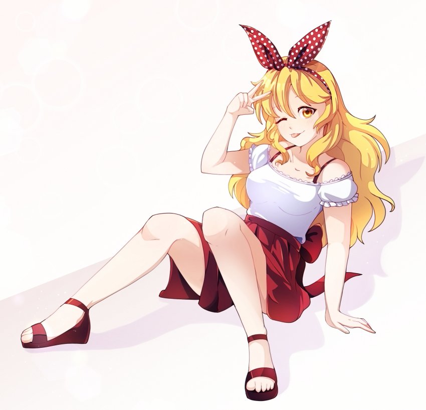 1girl, absurdres, blonde_hair, bow, dungeon_toaster, ellen_(touhou), hair_bow, hand_on_floor, high_heel_sandals, high_heels, highres, long_hair, on_floor, one_eye_closed, polka_dot, red_bow, red_footwear, red_skirt, sandals, shirt, simple_background, skirt, smile, solo, strap, t-shirt, tongue, tongue_out, touhou, v, white_background, white_shirt