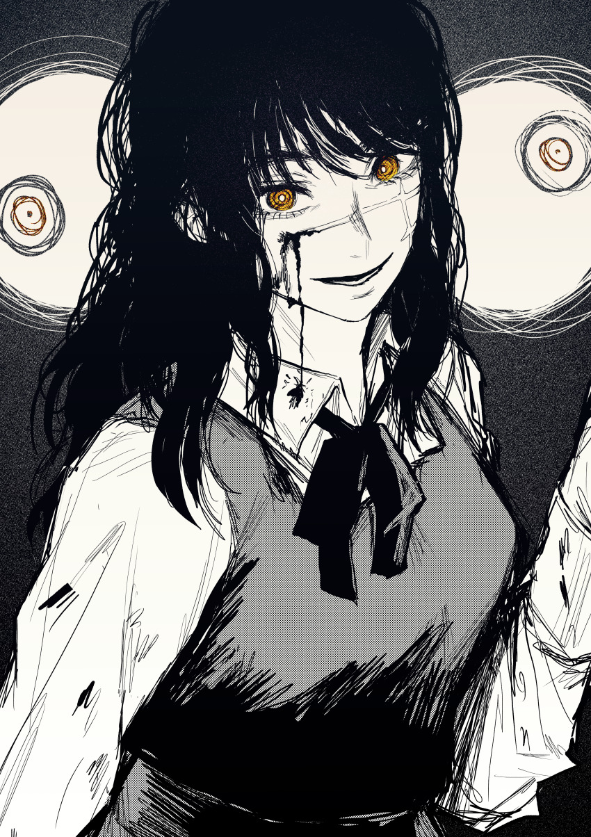 1girl, absurdres, arm_up, bad_id, bad_pixiv_id, black_background, black_hair, bleeding