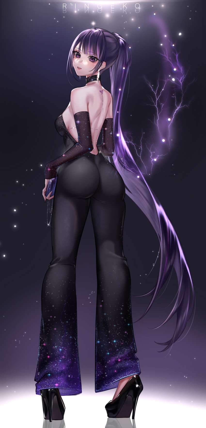 1girl, absurdres, alternate_hairstyle, artist_name, ass, back_tattoo, backless_outfit, bag, bare_back, bare_shoulders, bell-bottoms, black_background, black_jumpsuit, blunt_bangs, chain, choker, detached_sleeves, eyelashes, eyeshadow, formal_clothes, from_behind, full_body, genshin_impact, glint, gradient_background, handbag, high_heels, highres, holding, holding_bag, jewelry, jumpsuit, light_particles, long_hair, looking_at_viewer, looking_back, makeup, mole, mole_under_eye, obiage, pants, parted_lips, ponytail, purple_background, purple_eyes, purple_hair, raiden_shogun, red_lips, ringeko-chan, shoe_soles, sidelocks, skin_tight, solo, standing, starry_sky_print, stiletto_heels, strapless, strapless_jumpsuit, tattoo, tight_clothes, tomoe_(symbol), very_long_hair