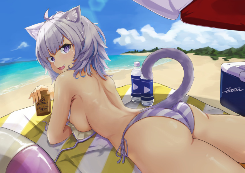 1girl, absurdres, ahoge, animal_ear_fluff, animal_ears, ass, beach, beach_umbrella, bikini, blush, breasts, cat_ears, cat_girl, cat_tail, fang, from_behind, hair_between_eyes, highres, hololive, large_breasts, looking_at_viewer, looking_back, lotion, lying, nekomata_okayu, ocean, on_stomach, open_mouth, purple_bikini, purple_eyes, purple_hair, shade, short_hair, side-tie_bikini_bottom, sideboob, smile, solo, striped_bikini, striped_clothes, sunscreen, swimsuit, tail, thighs, umbrella, virtual_youtuber, zeiss