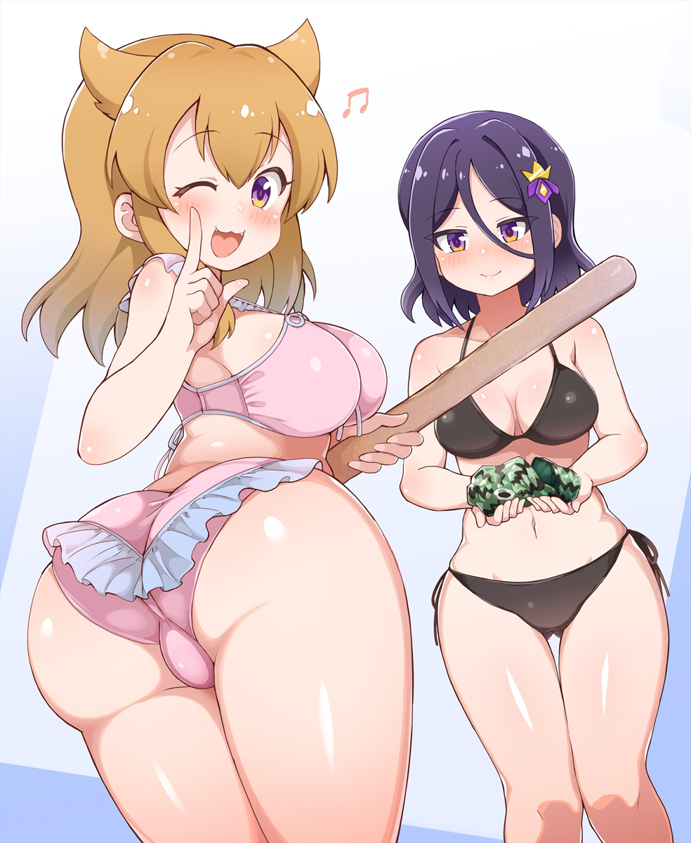 2girls, bikini, black_bikini, breasts, brown_hair, cleavage, dog_girl, highres, multiple_girls, pink_bikini, purple_hair, shibuhachi-tan, shibuto-tan, side-tie_bikini_bottom, swimsuit