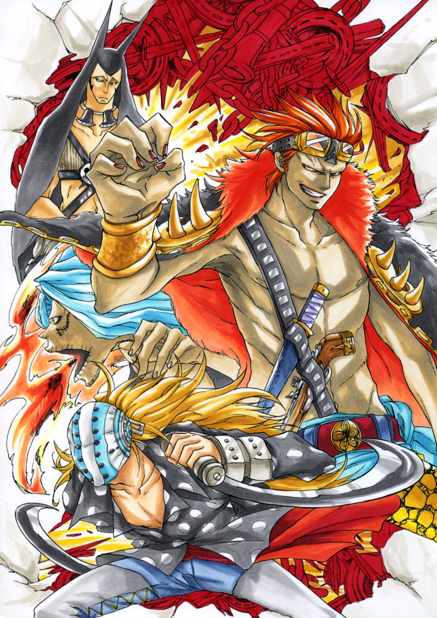 4boys, belt, blonde_hair, blue_hair, bolt_(hardware), breath_weapon, breathing_fire, cape, chain, denim, eustass_kid, everyone, fire, fur_trim, goggles, grin, gun, handgun, heat_(one_piece), helmet, highres, jeans, killer_(one_piece), knife, male_focus, multiple_boys, one_piece, open_clothes, open_shirt, pants, pistol, polka_dot, polka_dot_shirt, red_hair, sash, sassaman, shirt, smile, sword, topless_male, weapon, wire_(one_piece)