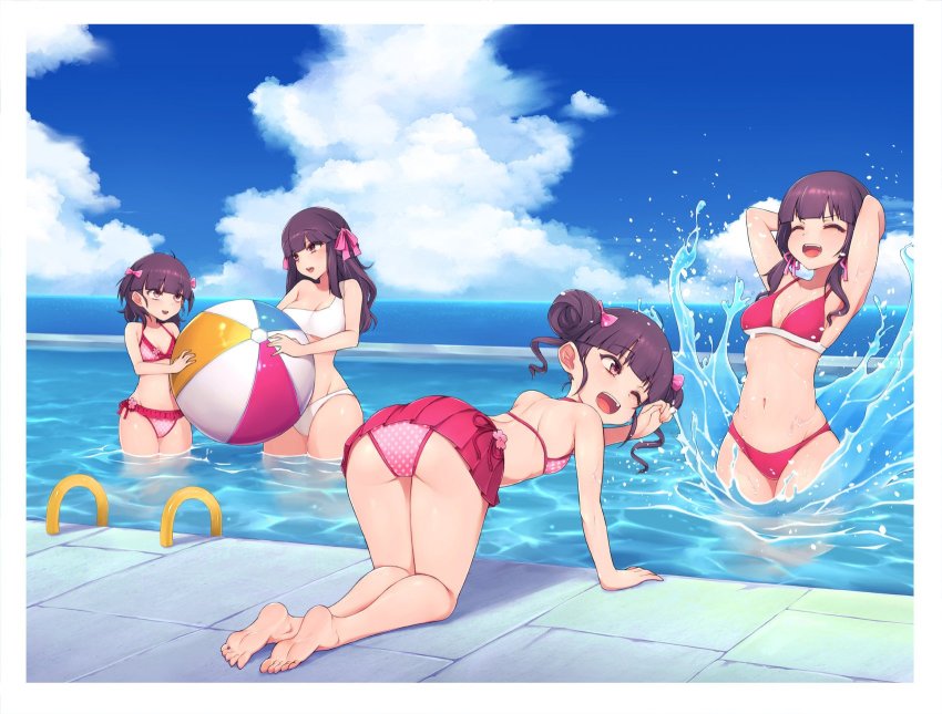4girls, artist_request, ball, beachball, bikini, blue_sky, bow, breasts, camekan-tan, character_request, cleavage, copyright_request, highres, honten-tan, ikenishi-tan, multiple_girls, pasokan-tan, pink_bikini, pink_bow, pool, sky, swimsuit, white_bikini