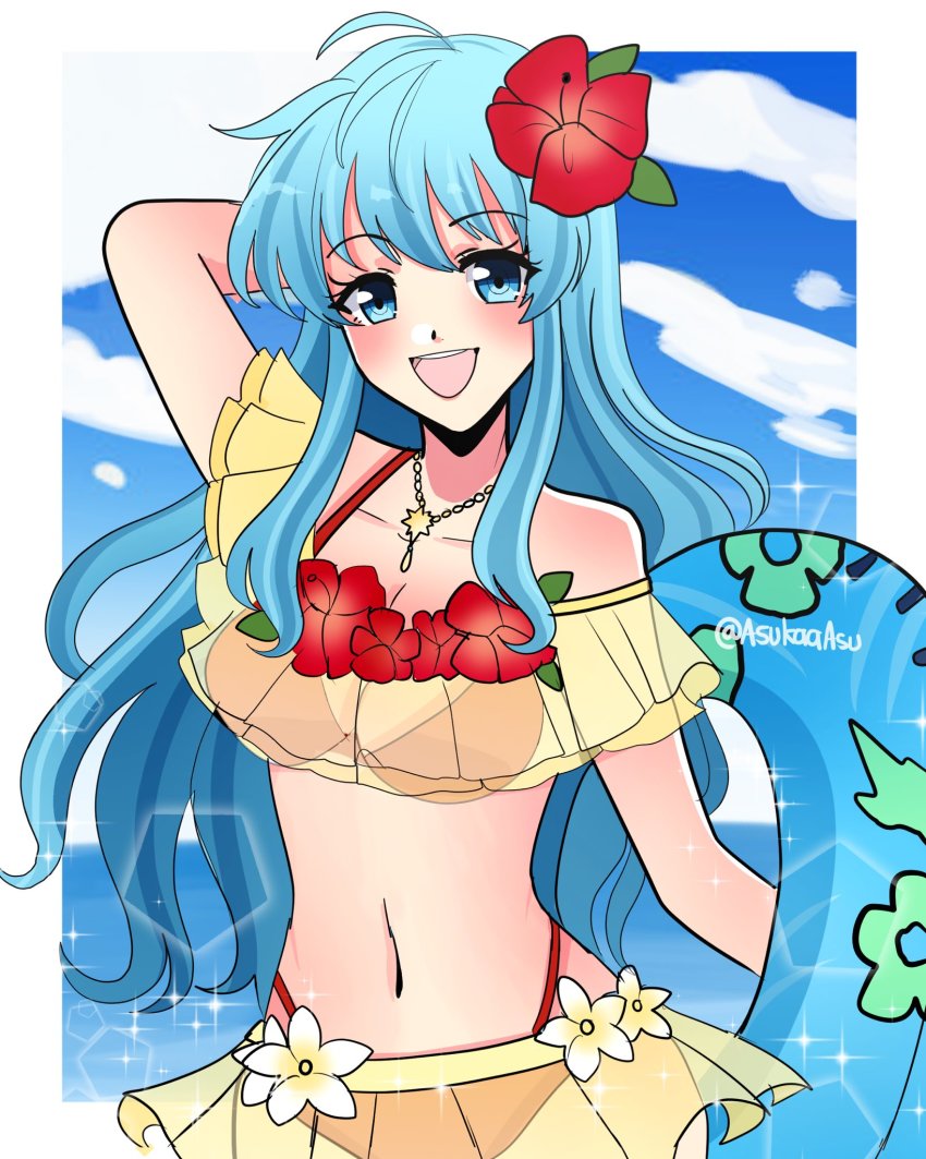 1girl, :d, aqua_eyes, aqua_hair, arm_behind_head, asukaaasuu, bare_shoulders, bikini, blue_sky, cloud, eirika_(fire_emblem), eirika_(summer)_(fire_emblem), fire_emblem, fire_emblem:_the_sacred_stones, fire_emblem_heroes, flower, hair_flower, hair_ornament, highres, holding, holding_swim_ring, innertube, jewelry, layered_bikini, looking_at_viewer, multicolored_bikini, navel, necklace, nintendo, official_alternate_costume, open_mouth, red_bikini, sky, smile, solo, swim_ring, swimsuit, teeth, twitter_username, two-tone_bikini, upper_teeth_only, yellow_bikini