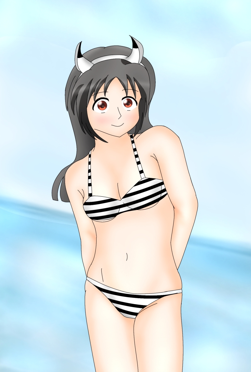 1girl, arms_behind_back, bicsim-tan, bikini, black_hair, blush, breasts, brown_eyes, cleavage, cloud, highres, horizon, horns, long_hair, looking_at_viewer, makky_(pixiv_56386979), navel, ocean, sky, small_breasts, smile, standing, striped_bikini, striped_clothes, swimsuit, water, white_bikini