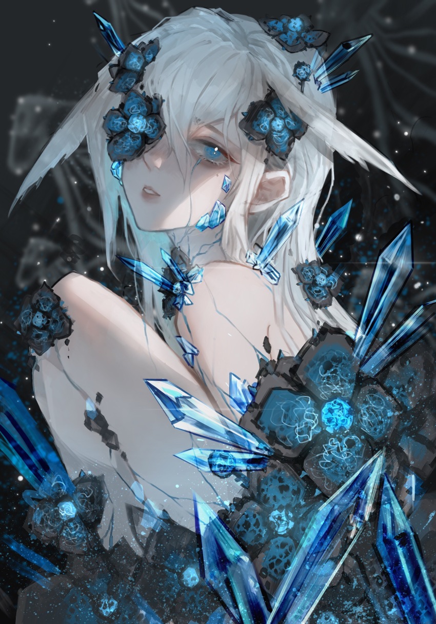 1girl, androgynous, blue_eyes, blue_flower, blue_rose, broken, diffraction_spikes, flower