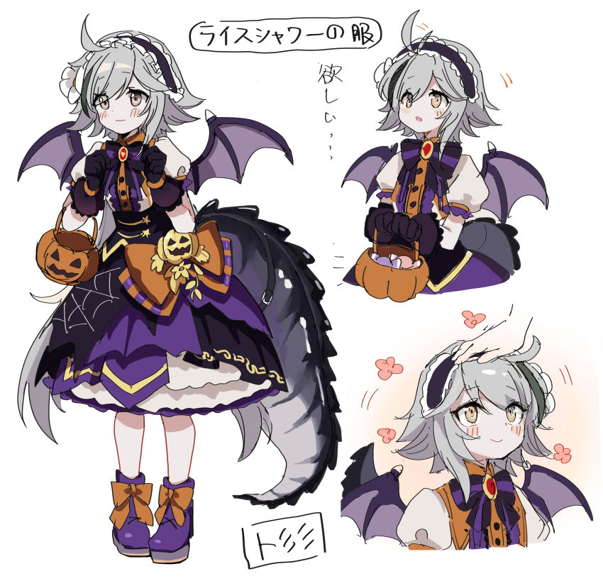 1girl, absurdres, ahoge, arknights, arufufu, bat_wings, black_bow, black_bowtie, black_dress, blush, boots, bow, bowtie, character_name, cosplay, crocodilian_tail, detached_sleeves, disembodied_hand, dress, flower, footwear_bow, hairband, halloween_bucket, halloween_costume, headpat, highres, multicolored_dress, multicolored_hair, multiple_views, official_alternate_costume, open_mouth, puffy_short_sleeves, puffy_sleeves, purple_dress, purple_footwear, purple_hairband, rice_shower_(vampire_makeover!)_(umamusume), rice_shower_(umamusume), short_sleeves, simple_background, standing, streaked_hair, tail, tail_strap, tomimi_(arknights), umamusume, wavy_mouth, white_background, wings, yellow_eyes