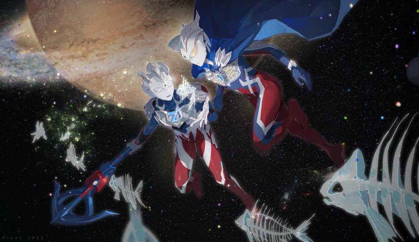 2022, 2boys, alien, artist_name, blue_bodysuit, blue_cape, bodysuit, cape