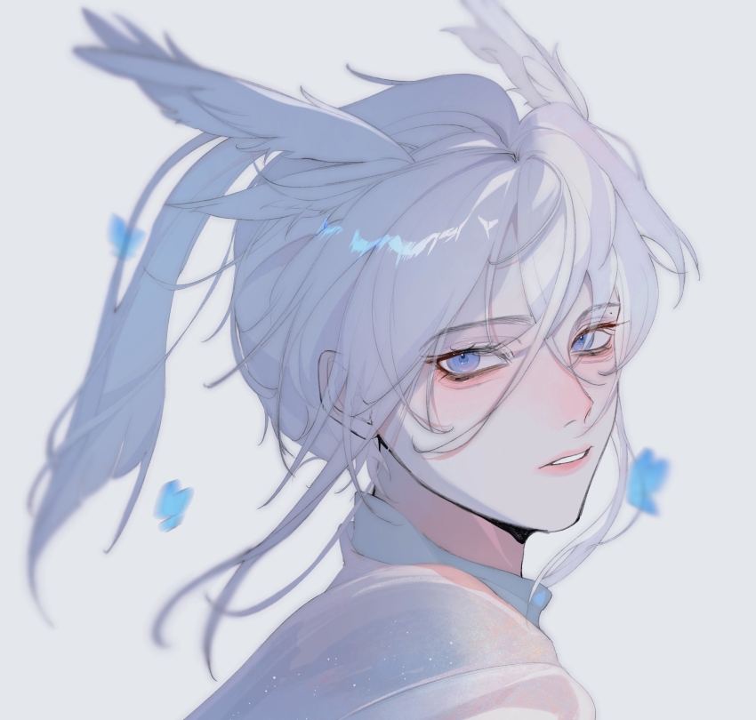 1boy, absurdres, androgynous, blue_butterfly, bug, butterfly, from_side, grey_hair