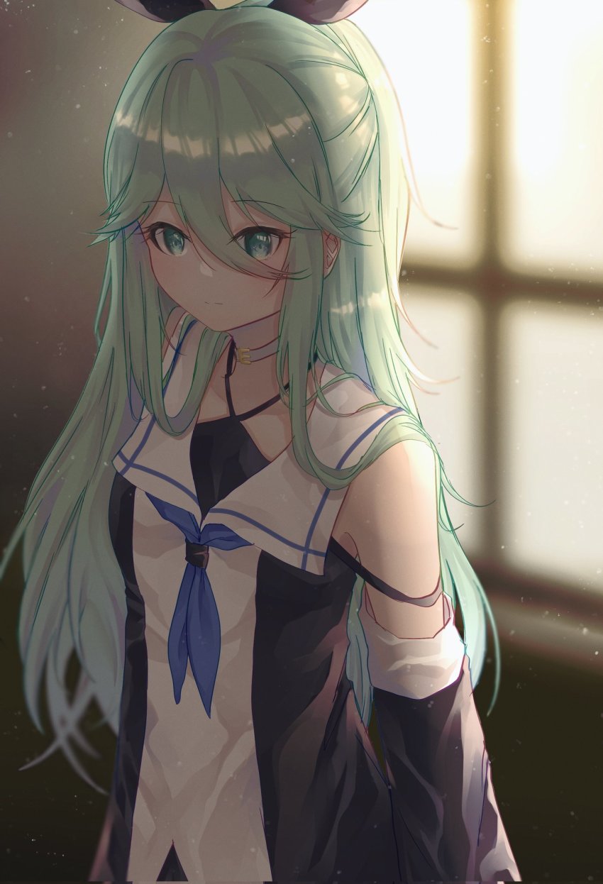 1girl, black_ribbon, black_serafuku, blue_neckerchief, blush, closed_mouth, detached_sleeves, green_eyes