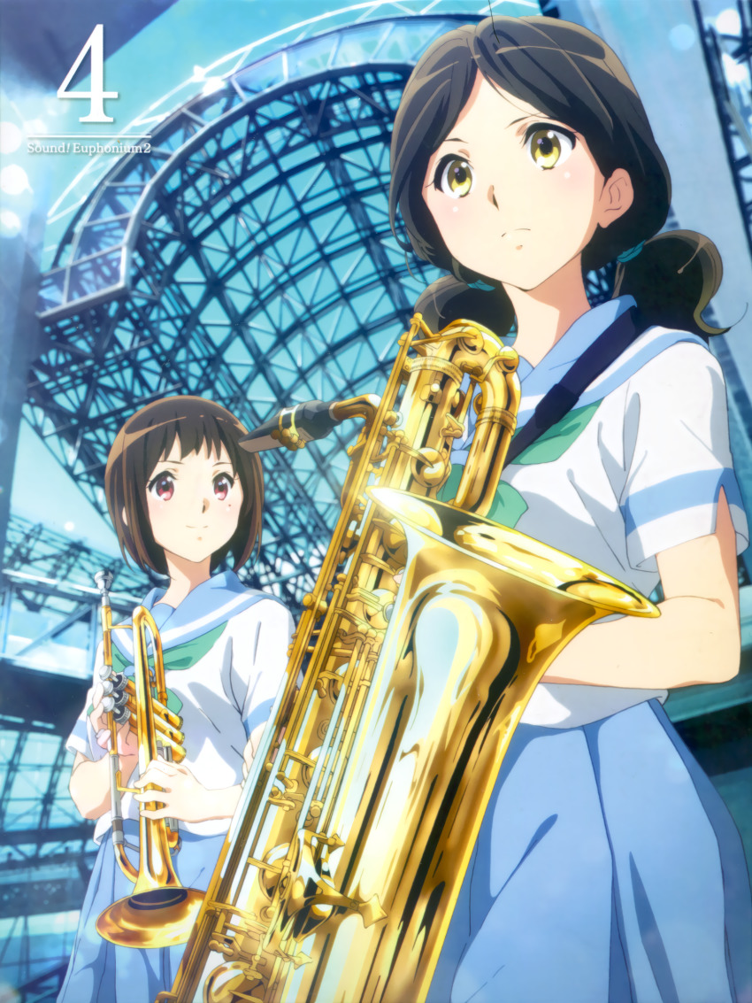 2girls, album_cover, baritone_saxophone, blue_skirt, blurry, bob_cut, bow, brown_hair