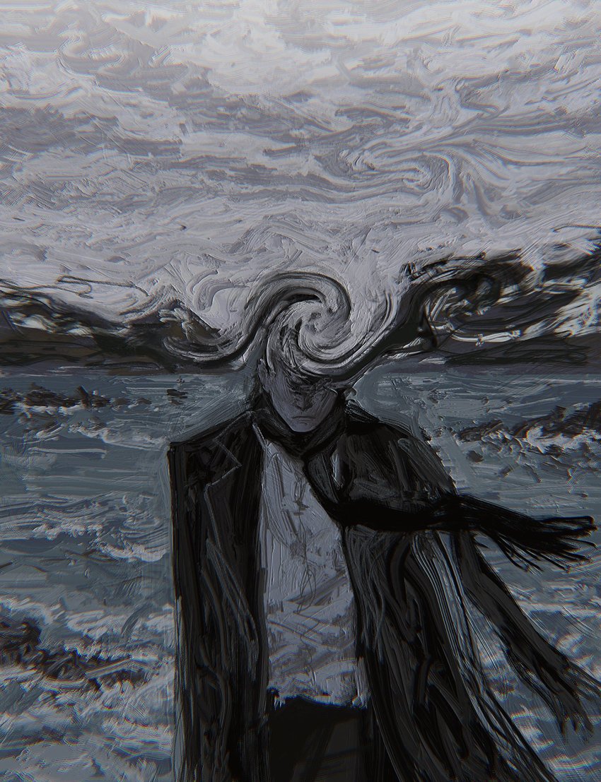 abstract, ambiguous_gender, black_jacket, black_scarf, chromatic_aberration, covered_eyes, facing_viewer, grey_sky, highres, jacket, original, outdoors, overcast, revol4357, scarf, shirt, sky, solo, upper_body, water, white_shirt