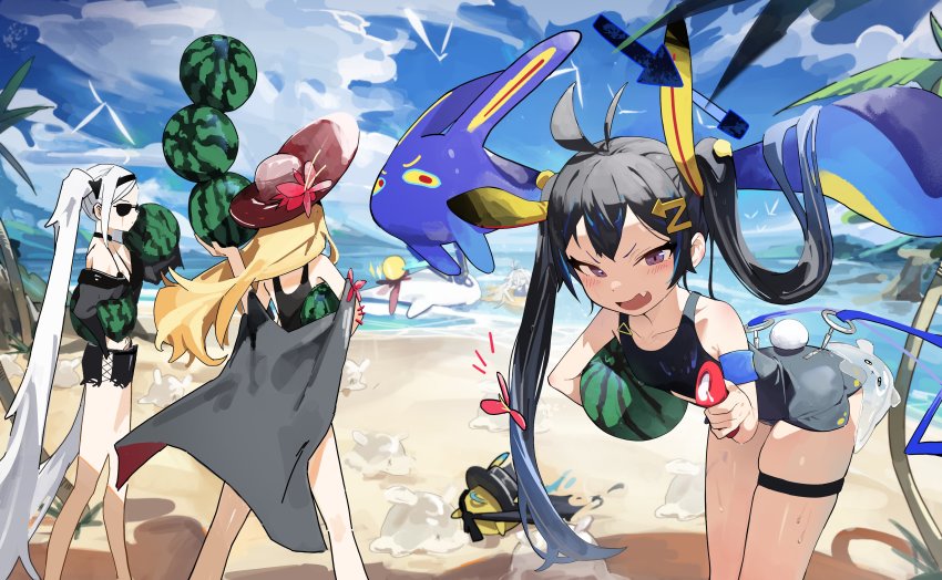 4girls, absurdres, alchemy_stars, antenna_hair, beach, bird, black_jacket, black_shorts
