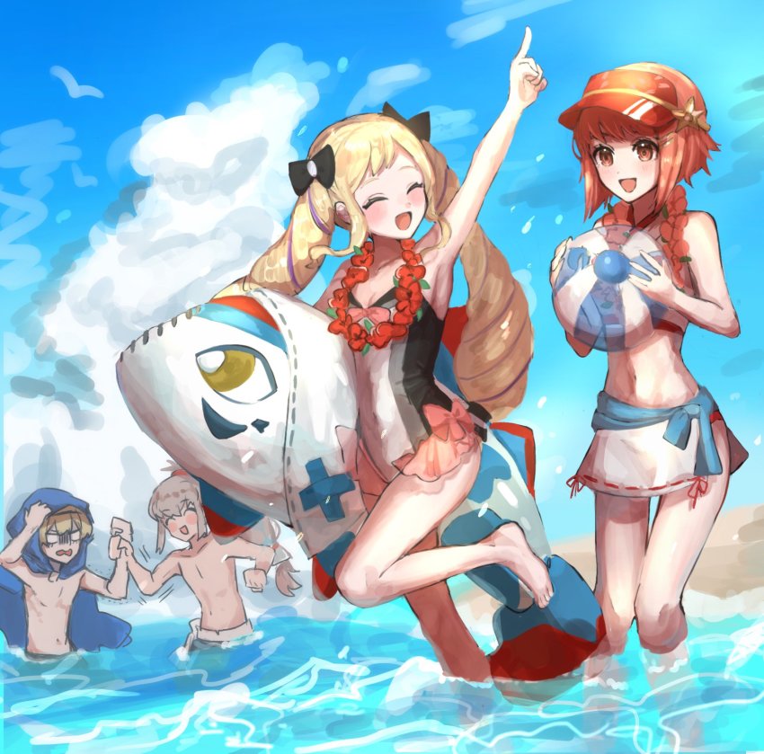 2boys, 2girls, alternate_costume, arm_up, armpits, ball, bare_shoulders, barefoot