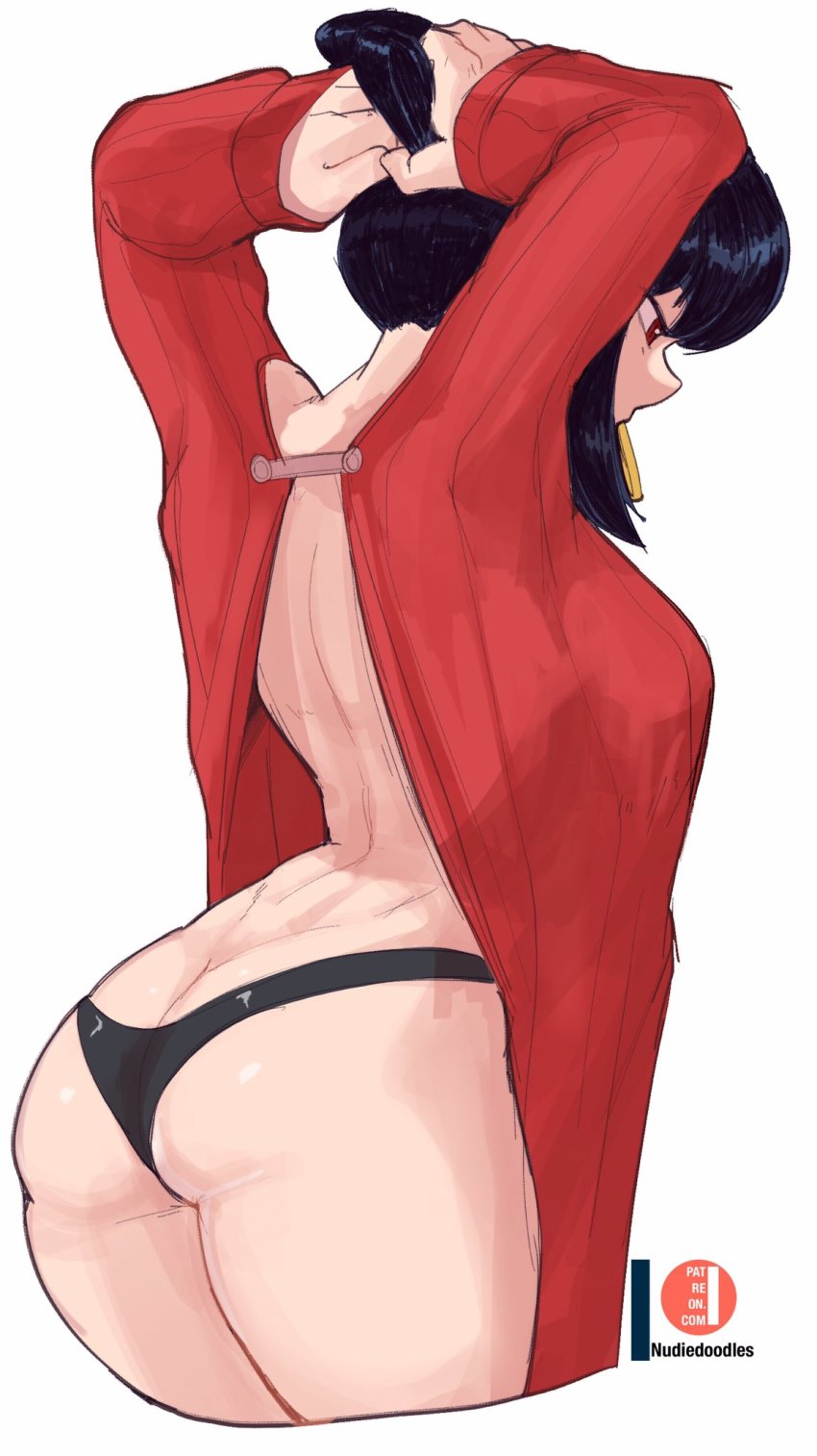1girl, adjusting_hair, arched_back, arms_up, artist_name, ass, bare_back, black_hair