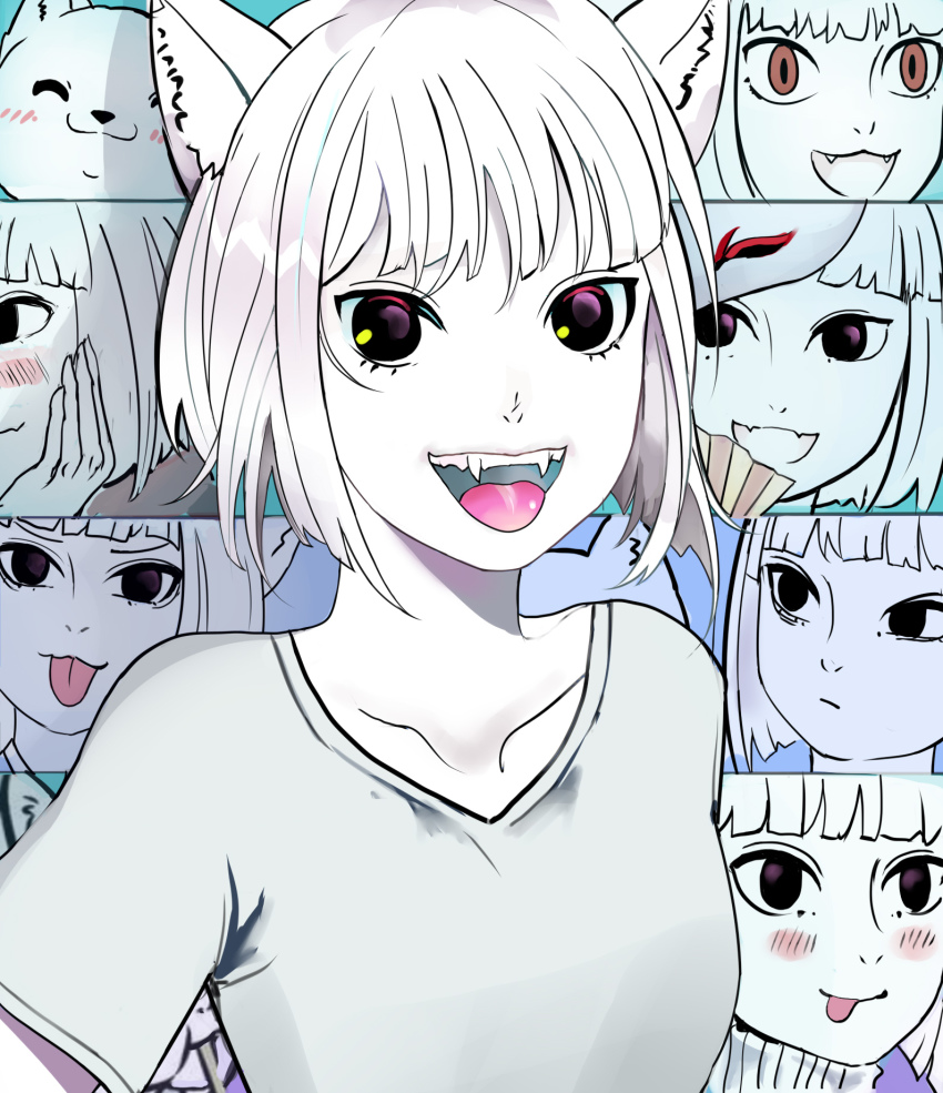 1girl, animal_ears, black_eyes, collarbone, colored_skin, fangs, feiren_zai, fox_ears