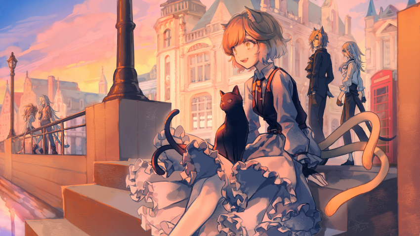 2boys, 3girls, :d, absurdres, alternate_costume, animal, animal_ears, arknights