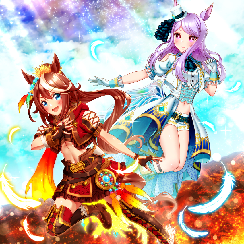 2girls, :d, animal_ears, ascot, belt, blue_eyes, blue_sky, blush