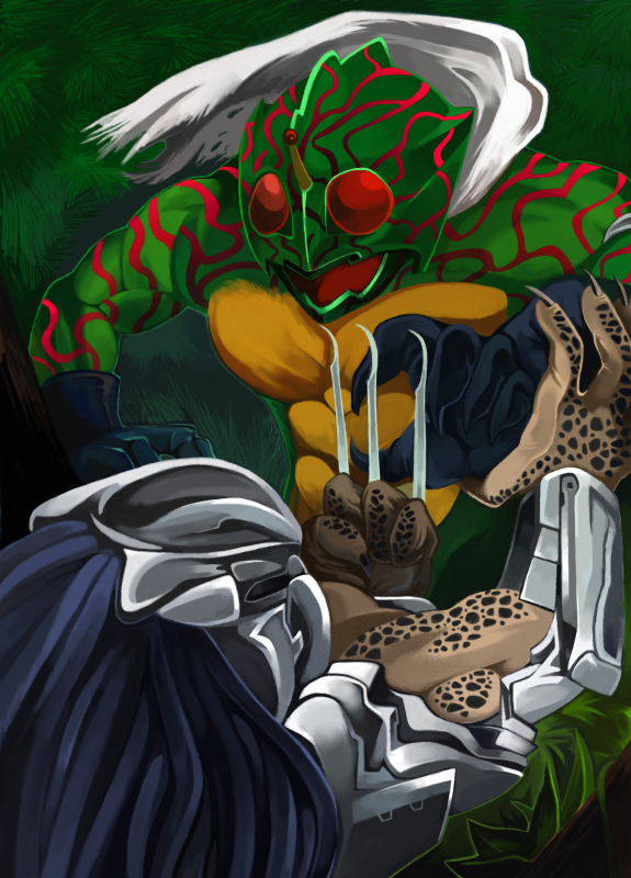 1boy, alien_(series), alien_vs._predator, armor, bad_id, bad_pixiv_id, claws, crossover, epic, kamen_rider, kamen_rider_amazon, kamen_rider_amazon_(series), monster, ogi_(torikari), predator_(1987), predator_(character), predator_(series), scarf, torikari, wrist_blades