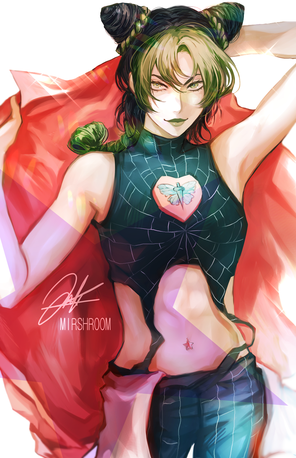 1girl, abs, black_hair, braid, breasts, coat, contrapposto, double_bun, eyebrows_hidden_by_hair, eyelashes, green_eyes, green_hair, green_lips, hair_bun, highres, jojo_no_kimyou_na_bouken, kuujou_jolyne, midriff, mirshroom, multicolored_hair, navel_piercing, piercing, red_coat, single_braid, small_breasts, solo, stone_ocean, two-tone_hair