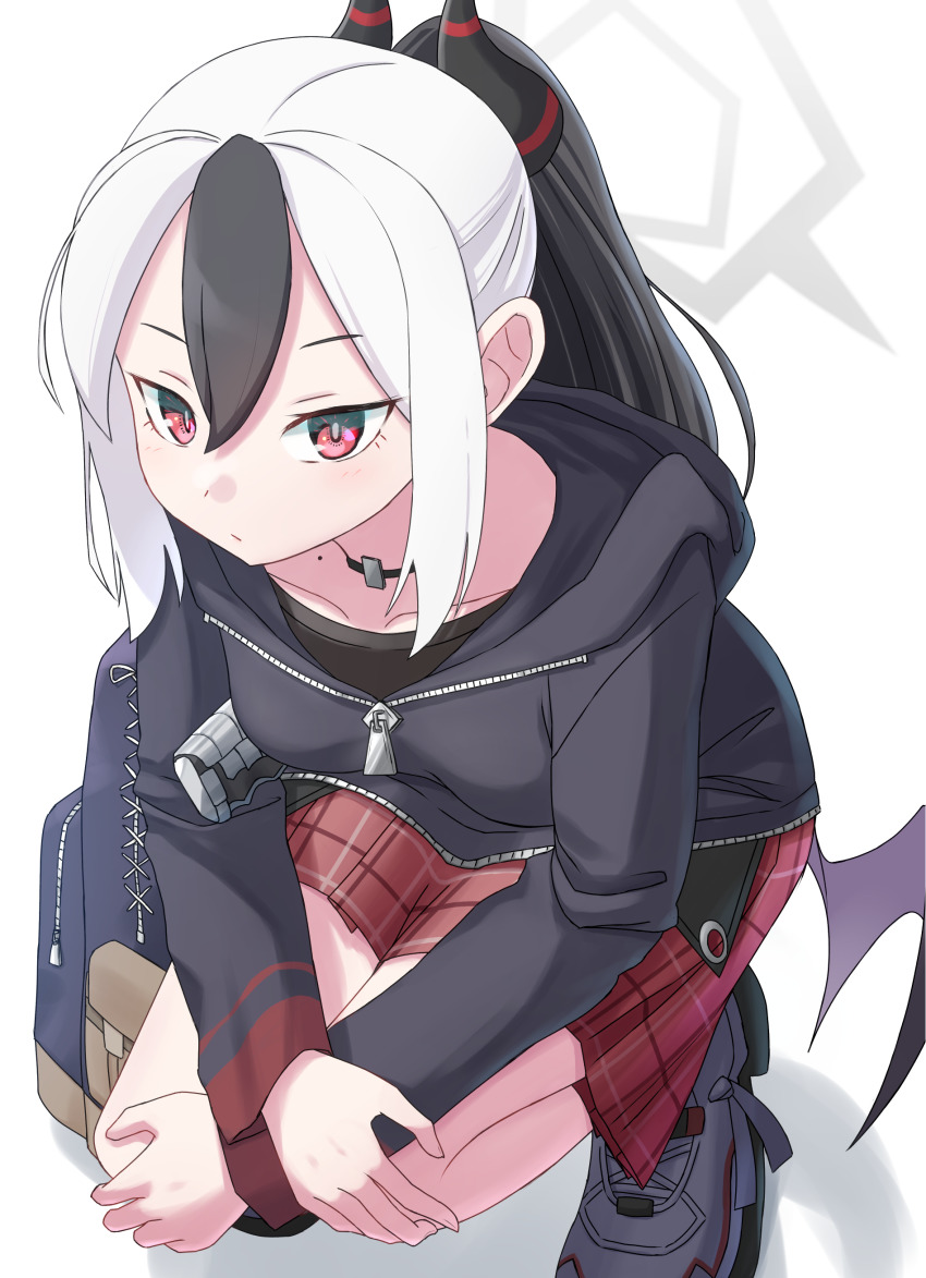 1girl, absurdres, bag, black_choker, black_hair, black_hoodie, blue_archive, choker