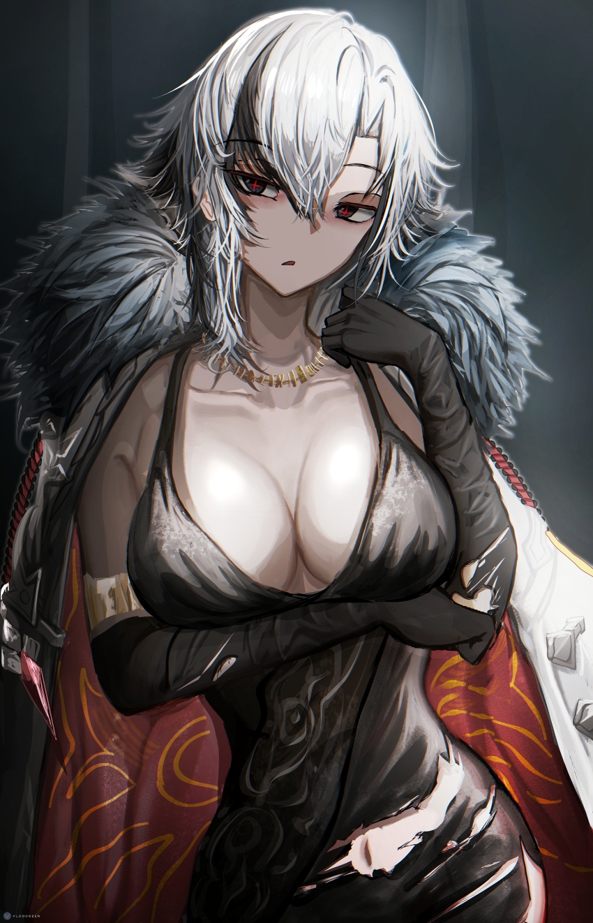 1girl, absurdres, arlecchino_(genshin_impact), arm_under_breasts, black_dress, black_eyes, black_gloves, black_hair