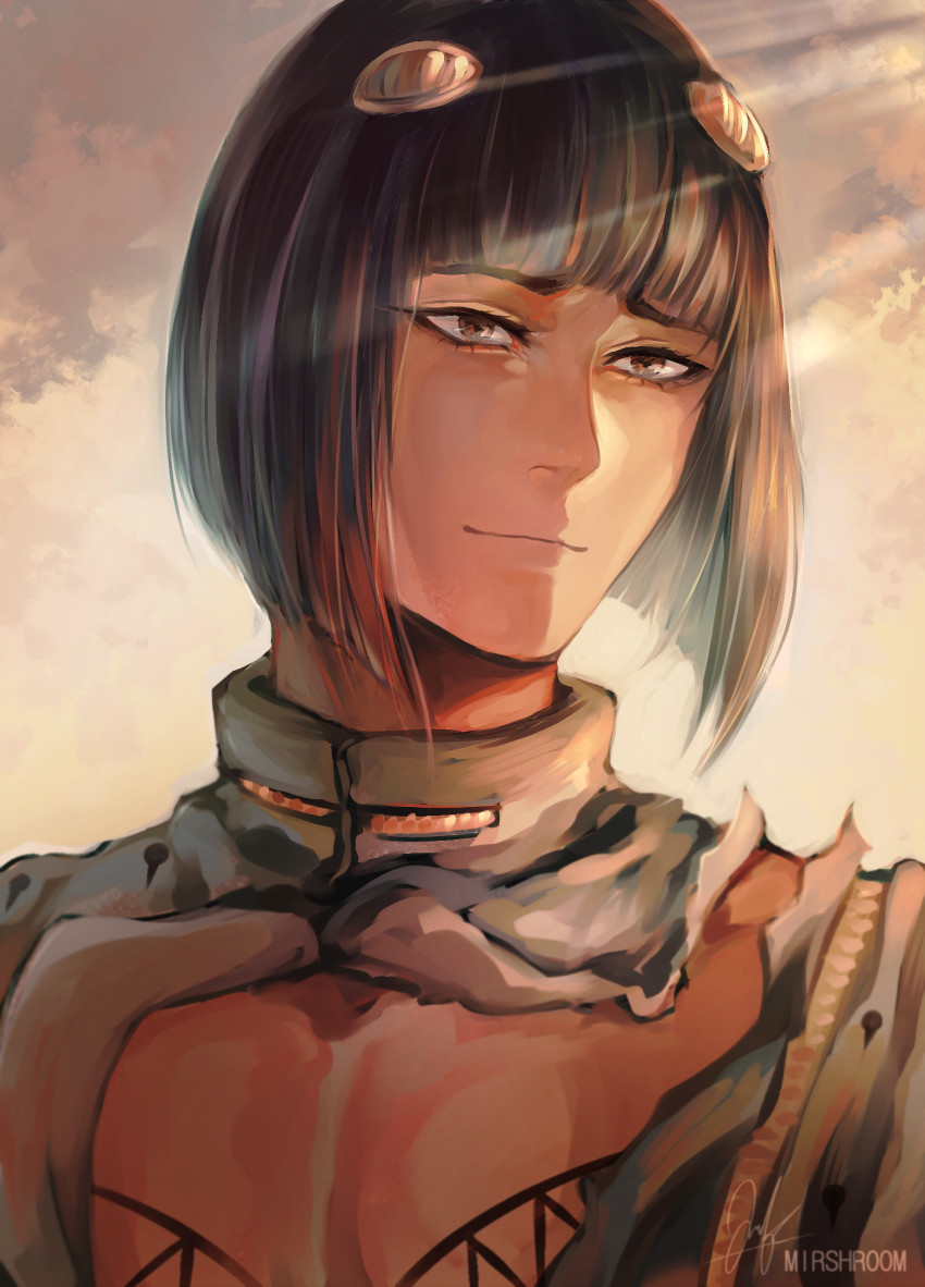 1boy, artist_name, black_eyes, black_hair, bob_cut, bruno_bucciarati, cloud, highres