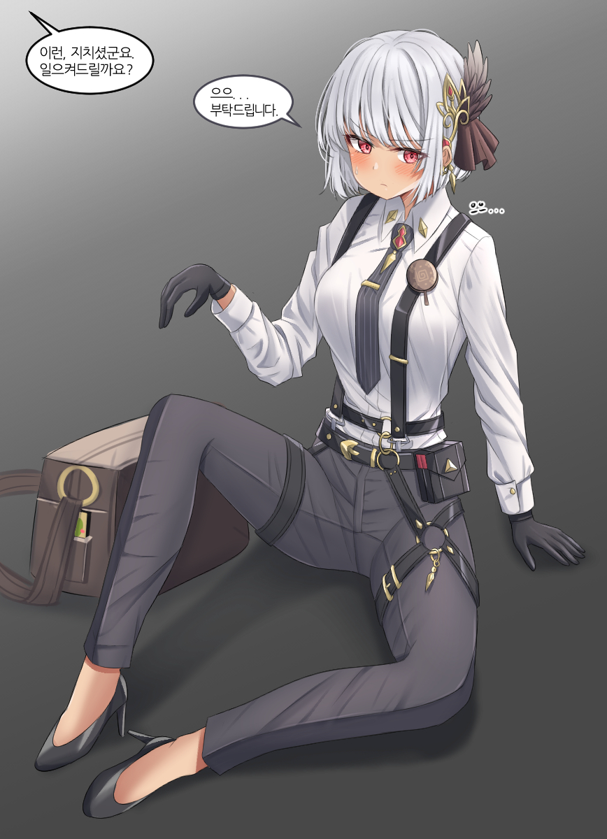 1girl, bag, black_gloves, breasts, dark_skin, gloves, grey_pants, guardian_tales