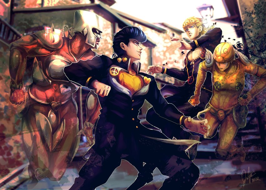 2boys, 2others, alley, black_hair, blonde_hair, blue_eyes, braid, braided_ponytail