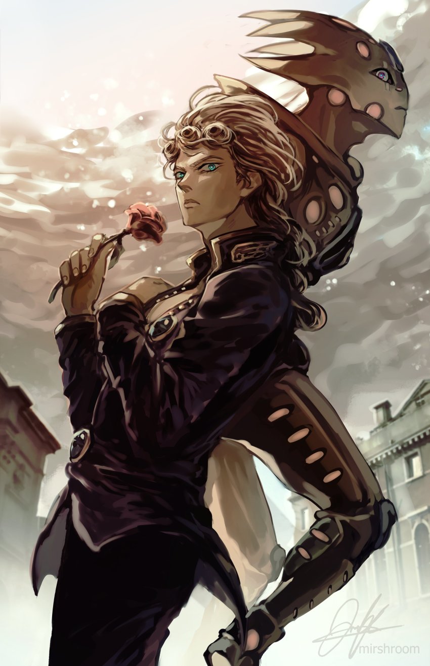1boy, 1other, absurdres, artist_name, blonde_hair, blue_eyes, braid, braided_ponytail, building, cloud, cloudy_sky, flower, frown, giorno_giovanna, gold_experience_requiem, highres, jojo_no_kimyou_na_bouken, male_focus, mirshroom, rose, serious, signature, sky, stand_(jojo), vento_aureo