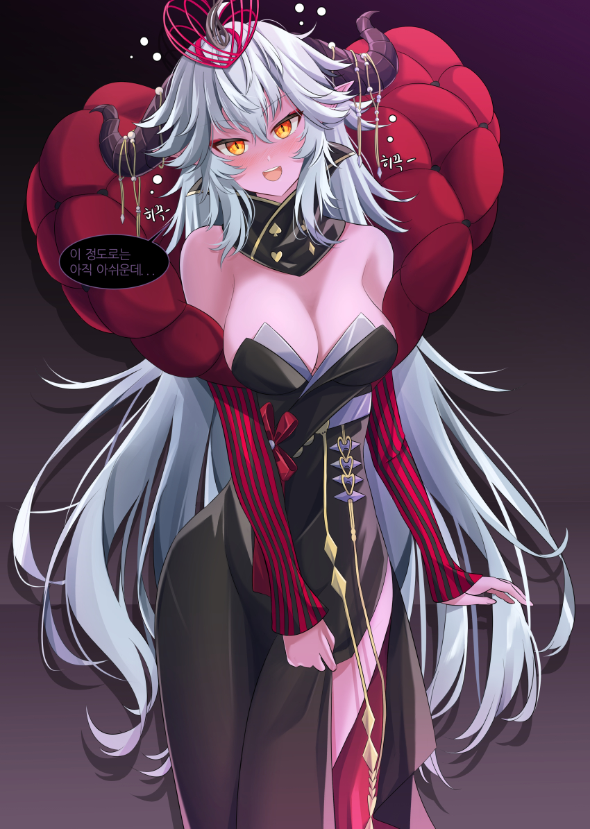 absurdres, black_dress, blush, breasts, cleavage, clothes_lift, colored_skin, crossed_bangs, demon_queen_lilith, dress, dress_lift, grey_hair, guardian_tales, hair_ornament, highres, horns, korean_text, long_hair, looking_at_viewer, no_bra, official_alternate_costume, orange_eyes, pikandong, purple_skin, simple_background, speech_bubble, standing