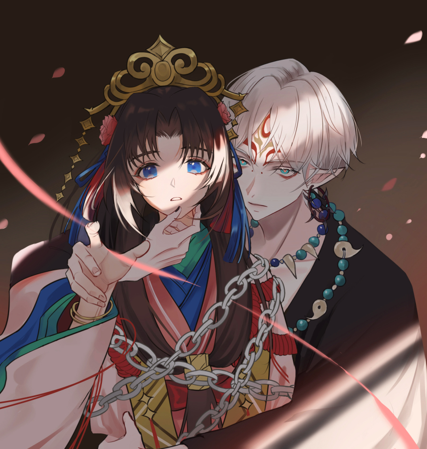 1069532, 1boy, 1girl, aqua_eyes, bishounen, black_hair, black_nails, chain