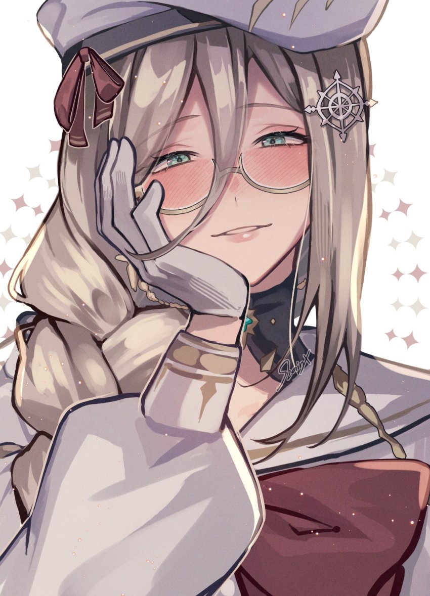 1girl, aia_amare, aia_amare_(1st_costume), beret, blue_eyes, blush, bow, commentary