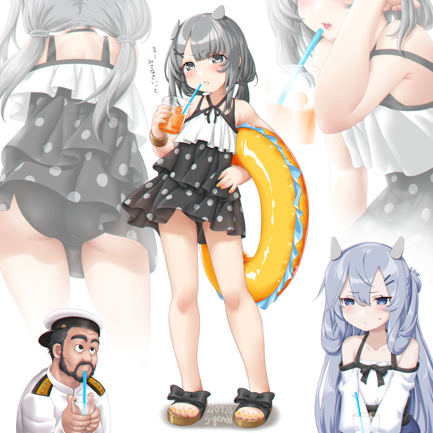 1boy, 2girls, admiral_(kancolle), ass, barefoot, beard, black_eyes, black_hair
