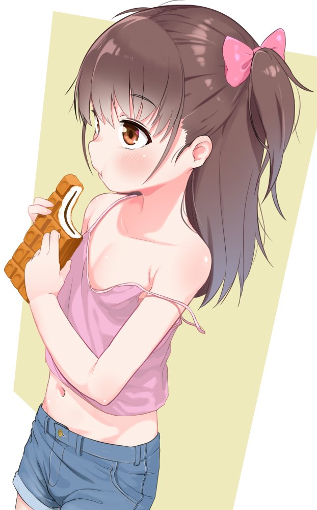 1girl, blush, bow, breasts, brown_eyes, brown_hair, camisole, denim, denim_shorts, eating, female_focus, food, hair_bow, loli, long_hair, midriff, navel, one_side_up, original, osatsu, pink_camisole, ribbon, short_shorts, shorts, small_breasts, solo, strap_slip